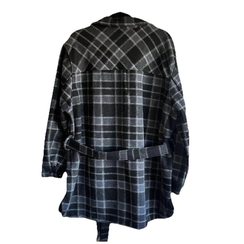 Terra & Sky Womens 1X Black Plaid Button-up Coat Long Sleeve Tie Waist Shacket‎ - Picture 2 of 7